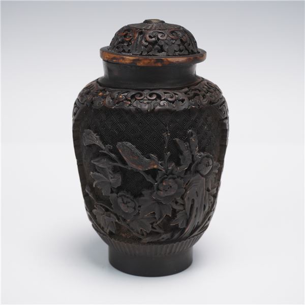 Chinese Carved Cinnabar-Style Lacquer Jar with Lid