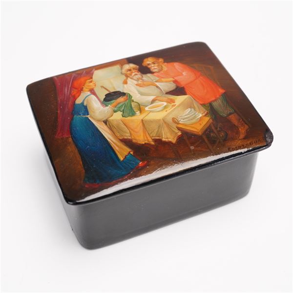 Russian Lacquer Box, Hand-Painted Fedoskino Scene