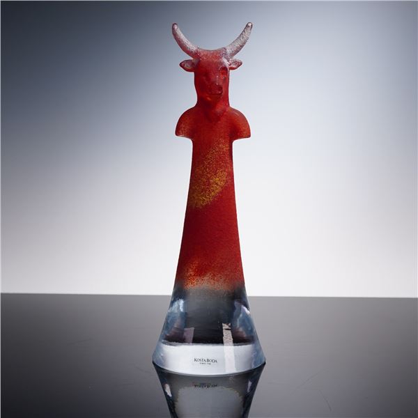 Kosta Boda Red and Clear Glass Bull Totem by Kjell Engman