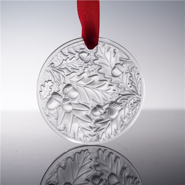 Lalique Frosted Crystal Oak Branch Ornament with Box