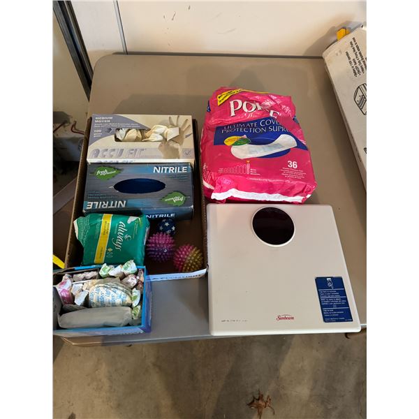 Health and beauty items, latex gloves, sunbeam scale