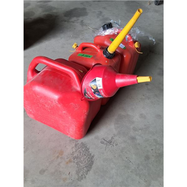 Gasoline Jerry Cans & Funnel - (1) Five Gallon & (2) 2.5 Gallon