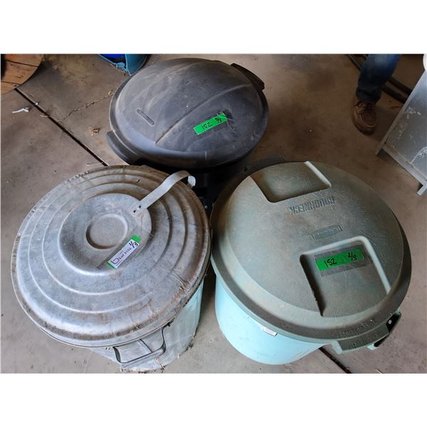 (3) Garbage Cans w/Lids: (2) Plastic (1) Metal