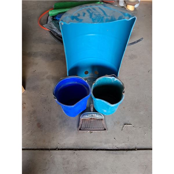 (2) Feed Pails, Dust pan & Half a Blue Barrel