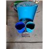Image 1 : (2) Feed Pails, Dust pan & Half a Blue Barrel