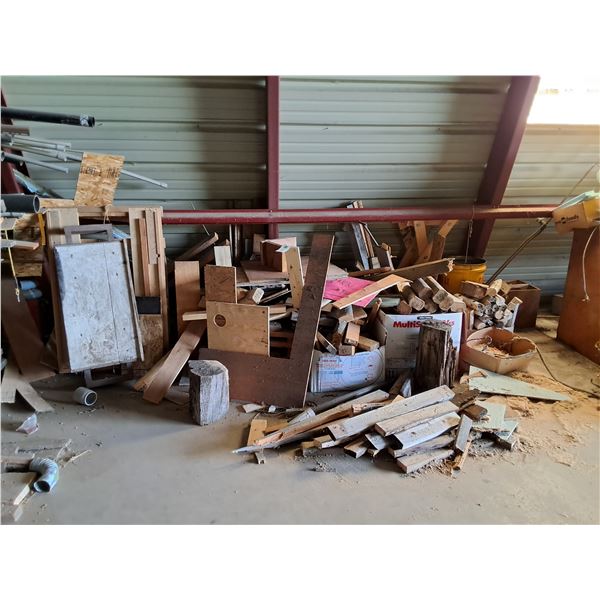 Assorted Lumber: Plywood, Fence Posts, Metal Oil Barrel, Wood Chopping Block, Misc