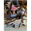 Image 4 : Assorted Lumber: Plywood, Fence Posts, Metal Oil Barrel, Wood Chopping Block, Misc