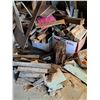Image 5 : Assorted Lumber: Plywood, Fence Posts, Metal Oil Barrel, Wood Chopping Block, Misc