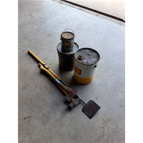 Axe, Chisel, Post Hammer, Shell Oil Metal Bucket & Roofing Glue, Misc