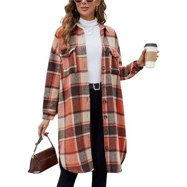 Long Coat for Women - Plaid Shacket - Size: 2XL - Orange - Brand New
