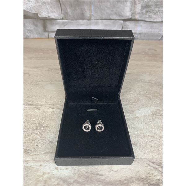 Men’s 9mm Black Onyx Stud Earrings with 5A CZ Halo & Silver Fleur-de-Lis - .925