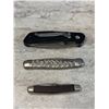 Image 2 : Lot of 3 Folding Knifes. One Blade Broken On Silver One.