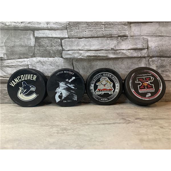 Lot of 4 Pucks - 2 Game Used - Ice Dogs - WHL