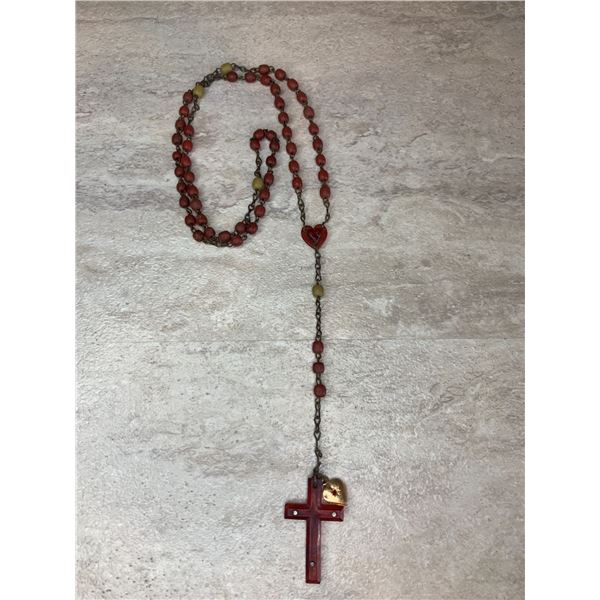 Antique Catholic Red Seed Rosary With Cross