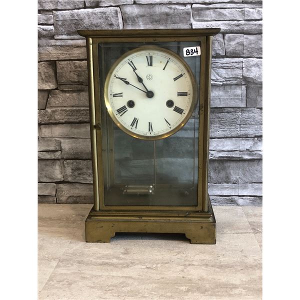 Antique Brass Four Glass French Mantle Clock - 13"H x 8.5" x 6"
