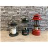 Image 1 : Lot of 3 Lamps - Coleman 288 Kerosene Lamp - Red Coleman Lamp & Candle Lamp Enclosed In Glass