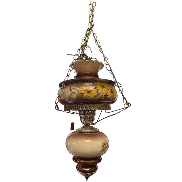 Vintage Hanging Electric Oil Lamp With Hand Painted Floral Details