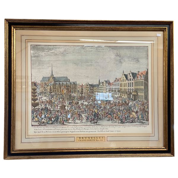 1686 Bruxelles Grand Sablon Hand Painted Paper Etching Print