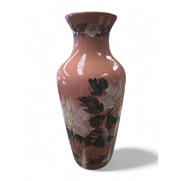 Vintage Floral Painted Glazed Crackle Pink Vase