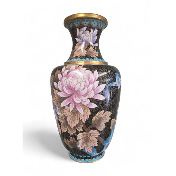 Vintage Cloisonne Black Floral Vase With Damage