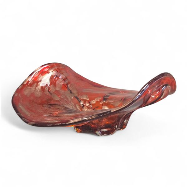 Vintage Orange Art Glass Center Piece Bowl With Gold Shimmering Details