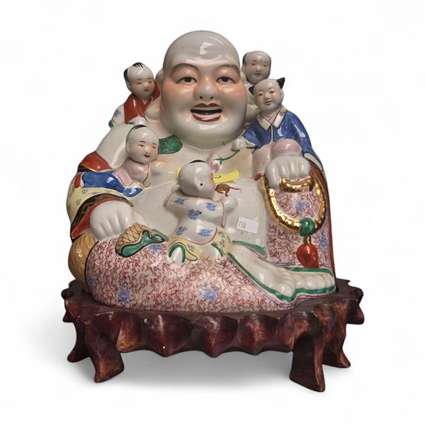 Chinese Porcelain Statue Laughing Buddha With Heavy Rosewood Base