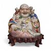 Image 1 : Chinese Porcelain Statue Laughing Buddha With Heavy Rosewood Base