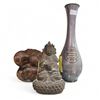 Image 1 : 3x Collectibles: Rosewood Weeping Buddha, Antique Brass Buddha, & Chinese Pewter Vase