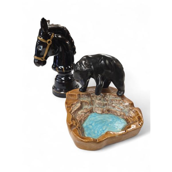 2x Vintage Smokers Collectibles: Black Bear Ashtray & Horse Head Lighter