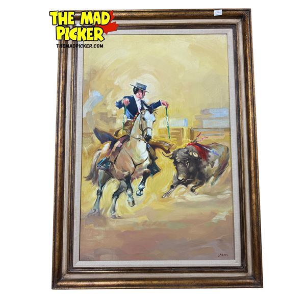 Vintage Maya Signed Original Oil On Canvas Painting Spanish Bull Fighting Scene