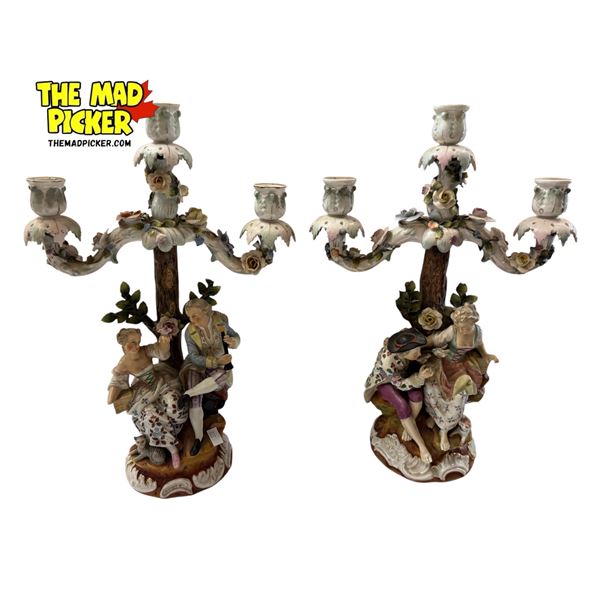Beautiful Pair Of Vintage Sitzendorf Porcelain Victorian Figural Candelabra
