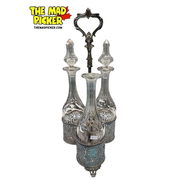 Vintage Plated Tantalus 3 Bottle Decanter Set