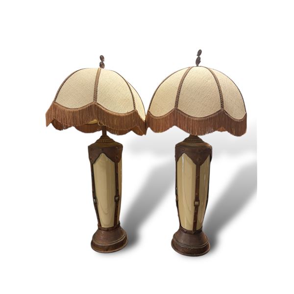 2x Vintage Heavy Metal Banded Table Lamps