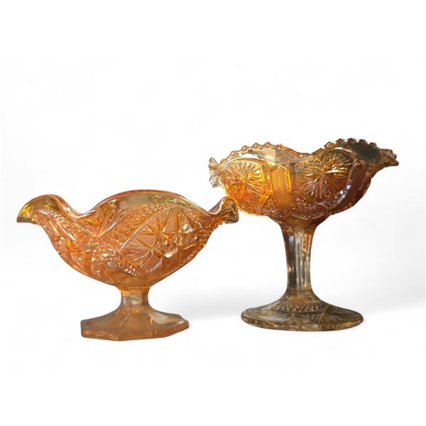 2x Vintage Carnival Glass Ruffled Catch All Bowls On Pedestal