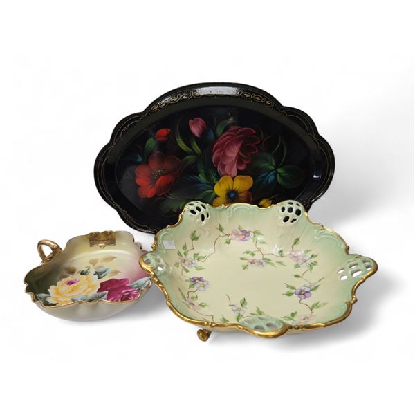 3x Vintage Hand Painted Collectibles: USSR Floral Plate, Rosenthal Bowl, & Finger Hole Bowl