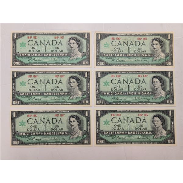 6x Canadian 1867-1967 $1 Bank Notes