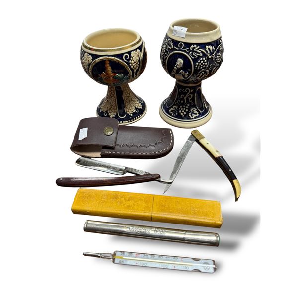 Vintage Variety: Pottery Goblets, Thermometer, Razor, & Damascus Blade Folding Knife