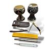 Image 1 : Vintage Variety: Pottery Goblets, Thermometer, Razor, & Damascus Blade Folding Knife
