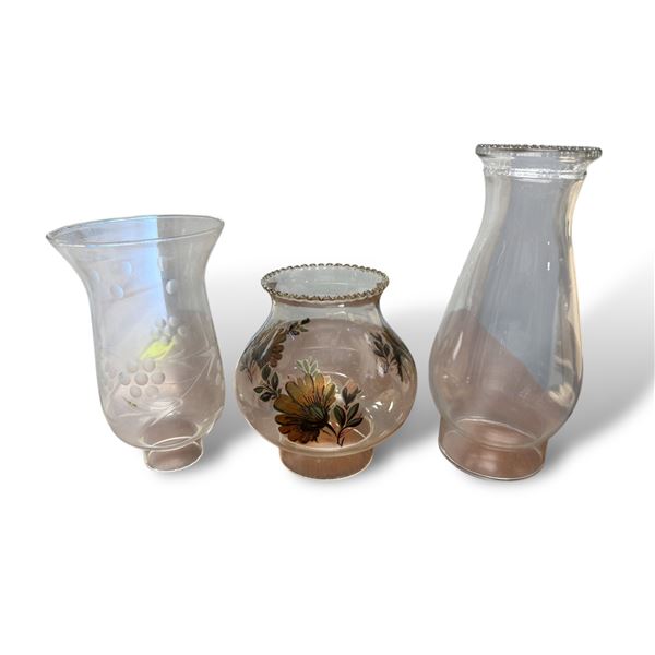 3x Vintage Oil Lamp Chimneys (1 Hand Painted)
