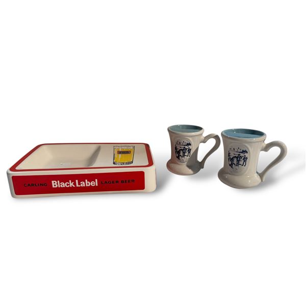 3x Vintage Porcelain Items: Black Label Ashtray & 2x Shaving Mugs
