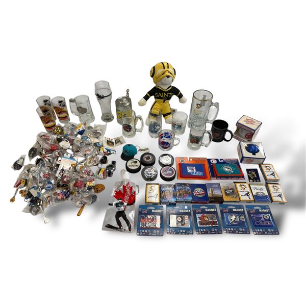 Assorted Vintage Sports Memorabilia: Mugs, Plush, Cards, Ornaments, & More