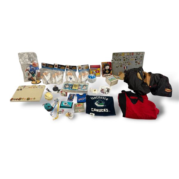Assorted Vintage Sports Memorabilia: Pins, Trivia Game, Plush, Cards, Figurines, & More