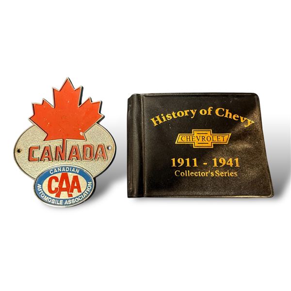 2x Vintage Car Collectibles: CAA License Plate Topper & History Of Chevy 1911-1941 Cards