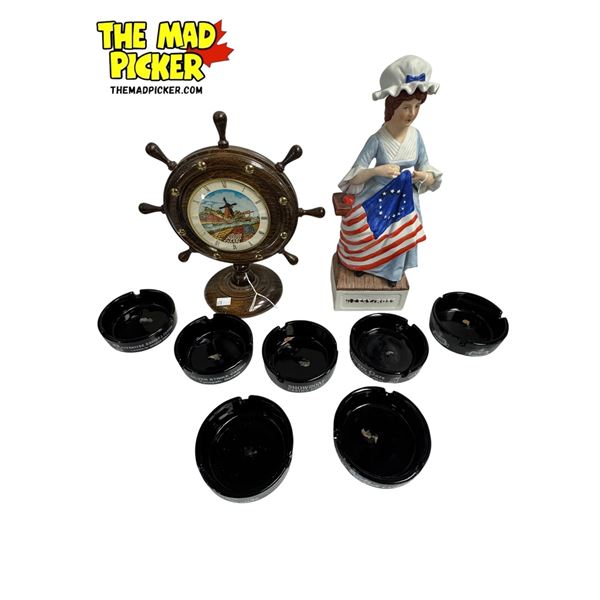 Vintage Variety: Ashtrays, McCormick Decanter, & Ships Wheel Table Clock