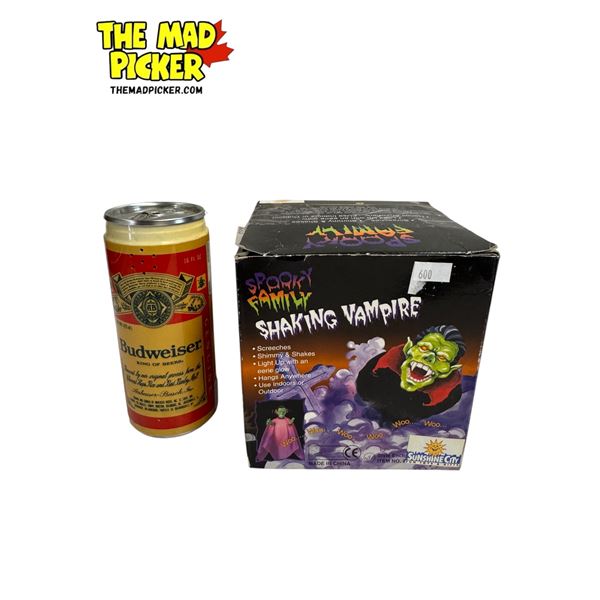 2x Vintage Collectibles: Spooky Family Shaking Vampire & Budweiser Can Telephone