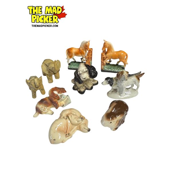 Assorted Animal Figurines: Goebel Pigs, Poole Rabbit, Horse Bookends, & More