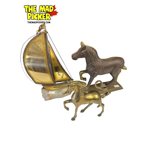 3x Vintage Brass Collectibles: Artist Signed Brass Sail Boat On Quartz Base, Zebra, & Unicorn