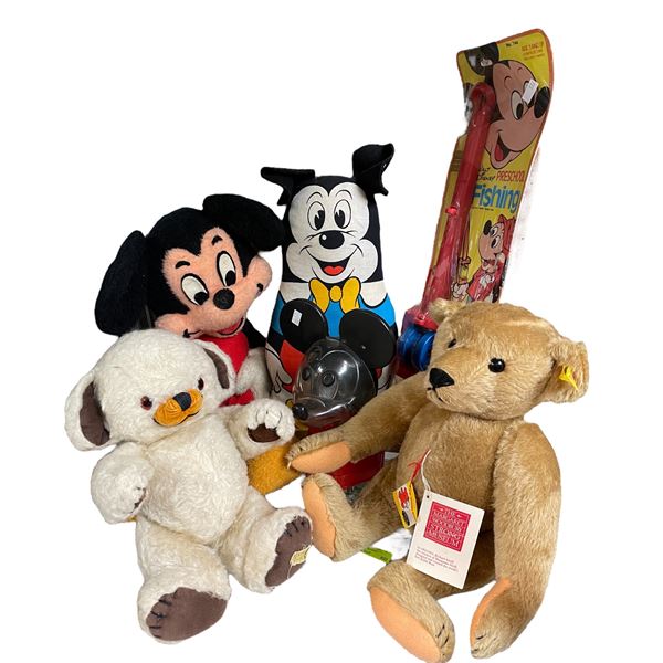 Assorted Vintage Toys: Mickey Mouse, Steiff Bear, Merry Thought Bear, Mickey Mouse Fishing Rod, & Mo