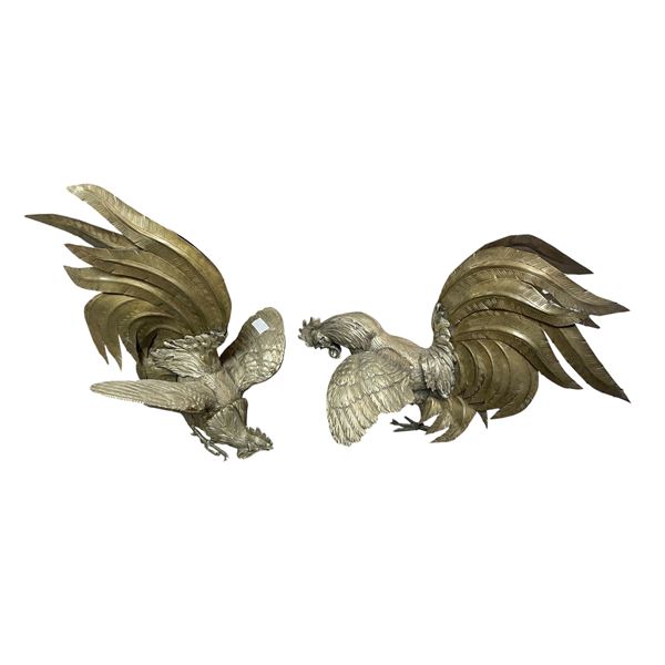 2x Mid Century Modern Fighting Chicken & Rooster