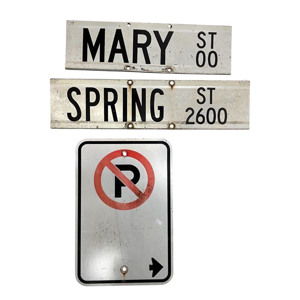 3x Vintage Street Signs: Road Names (Spring & Mary) & No Parking